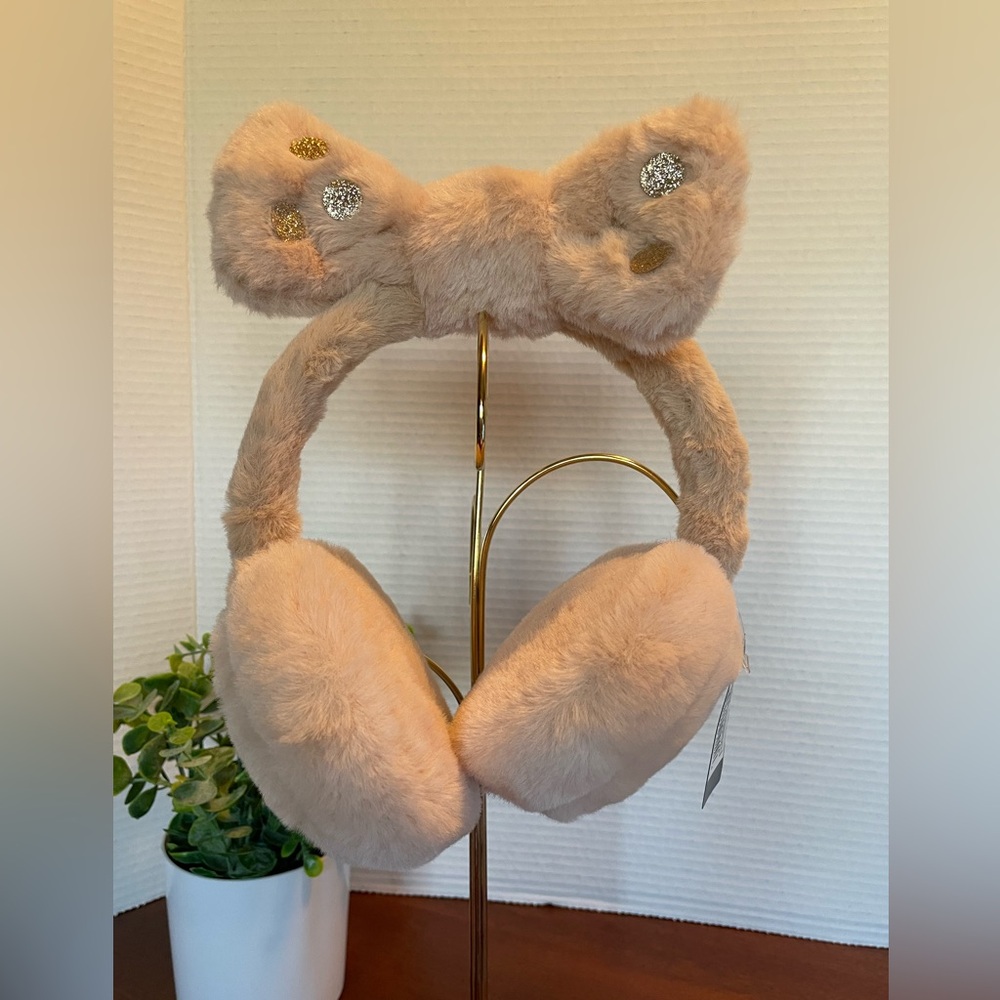 Earmuffs. Cream Color With Bow On Top That Has Golden Glitter Polka Dots. NWT